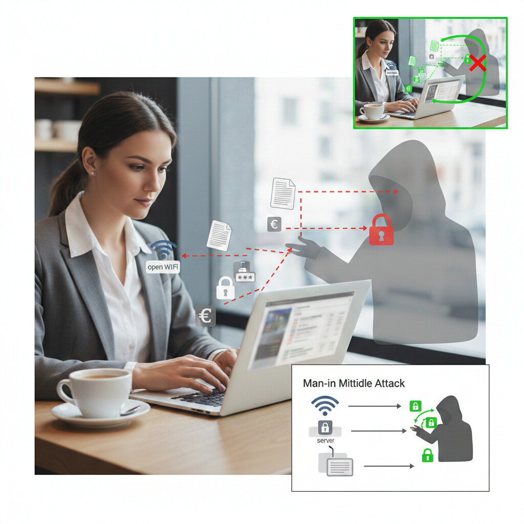 Ilustración de empleado de gestoría trabajando en portátil en cafetería con WiFi público, con overlay mostrando hacker interceptando datos en man-in-the-middle attack, credenciales y documentos fiscales siendo capturados, estilo infografía técnica de ciberseguridad