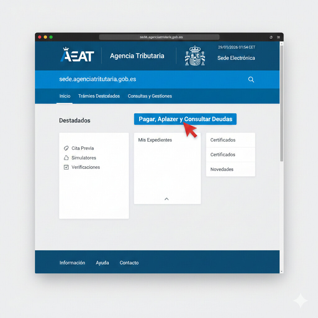 Screenshot del formulario de selección de deudas en la sede AEAT para solicitar aplazamiento, mostrando listado de deudas tributarias pendientes