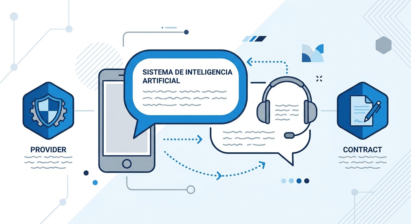 Esquema de una llamada atendida por un asistente de voz con IA que se identifica como sistema de IA en la primera frase, con el reparto de obligaciones entre proveedor y gestoría