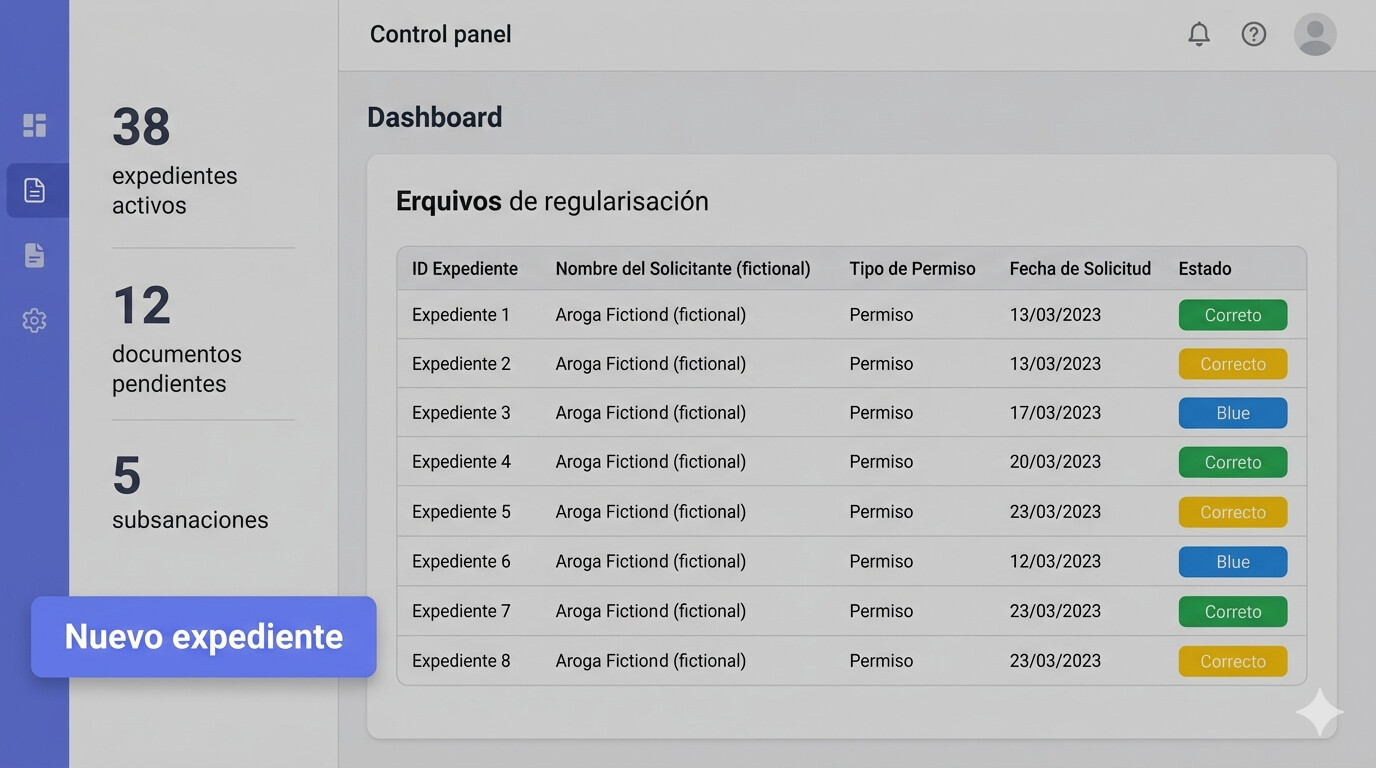 Panel de control CopilotGestoria para gestionar expedientes de extranjería con estado, plazos y documentación centralizada