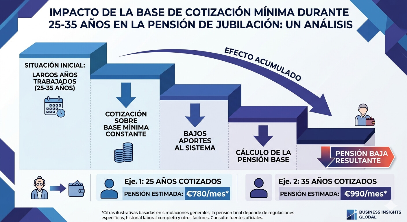 Gráfico de barras mostrando la pensión de jubilación esperada para un autónomo societario que cotiza por la base mínima de 1.000 euros según los años de cotización: 15, 20, 25, 30 y 35 años