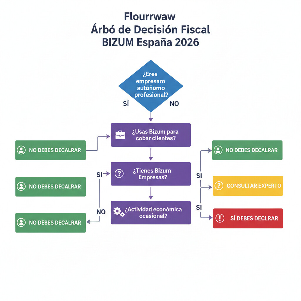 Flowchart decisión Bizum Hacienda: preguntas eres autónomo, cobras clientes, declaración obligatoria sí/no