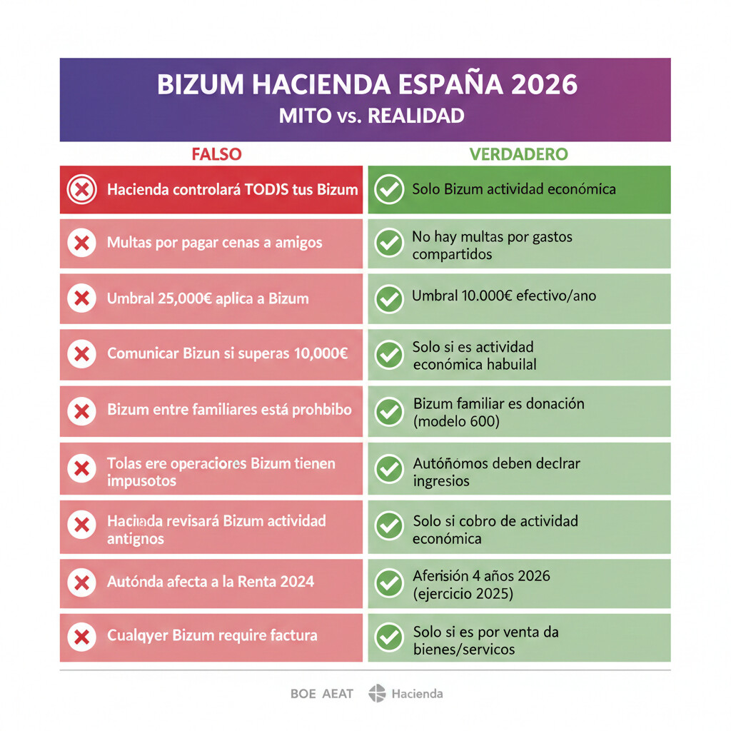 Tabla 10 bulos desmitificados Bizum Hacienda: mito controlará todos, realidad solo profesionales, fuente BOE