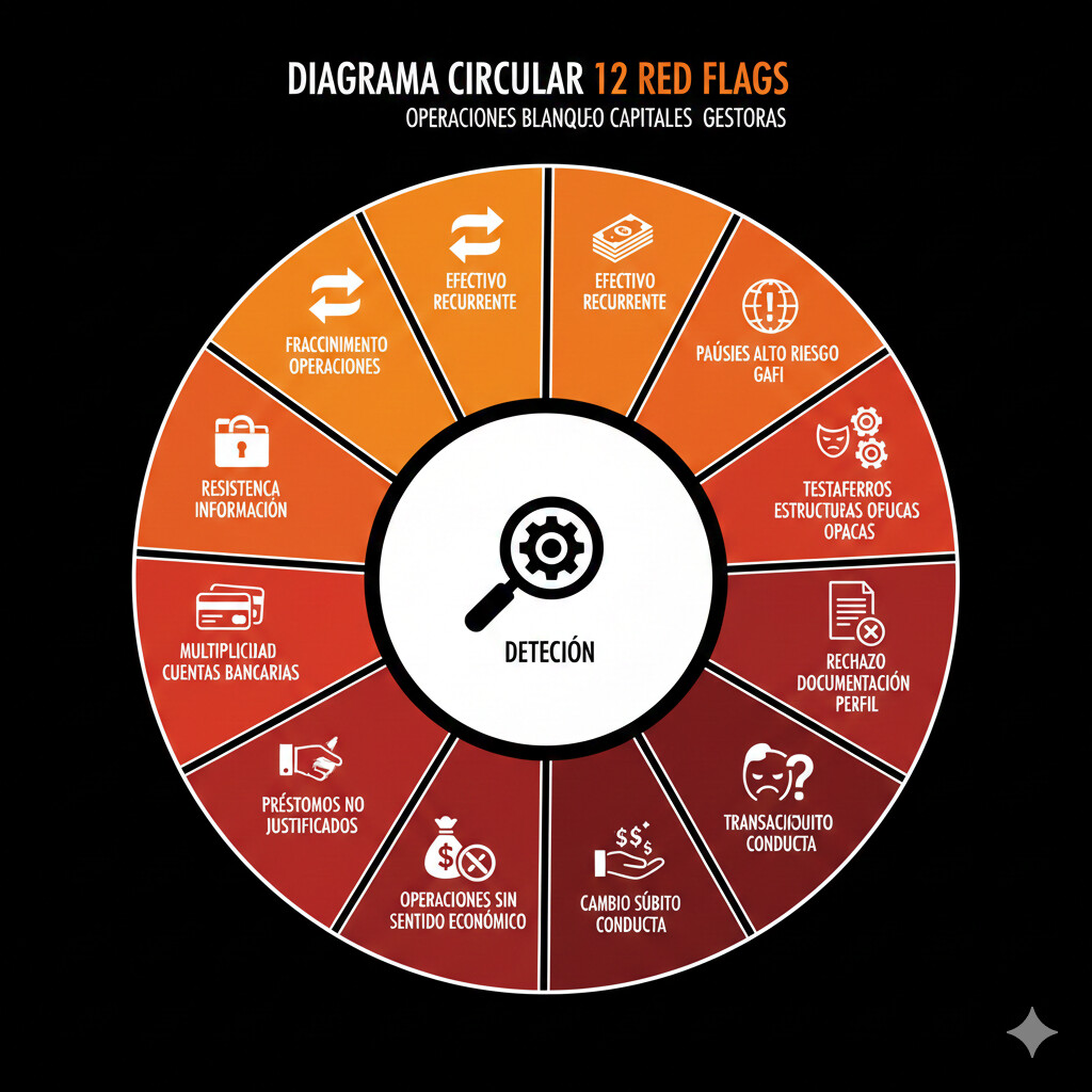 Diagrama visual 12 red flags operaciones sospechosas blanqueo capitales para gestorías: fraccionamiento operaciones, efectivo recurrente, países alto riesgo GAFI, testaferros estructuras opacas, rechazo documentación titular real, transacciones inusuales perfil cliente, cambio súbito conducta, operaciones sin sentido económico, sociedades pantalla, préstamos no justificados, multiplicidad cuentas bancarias, resistencia proporcionar información