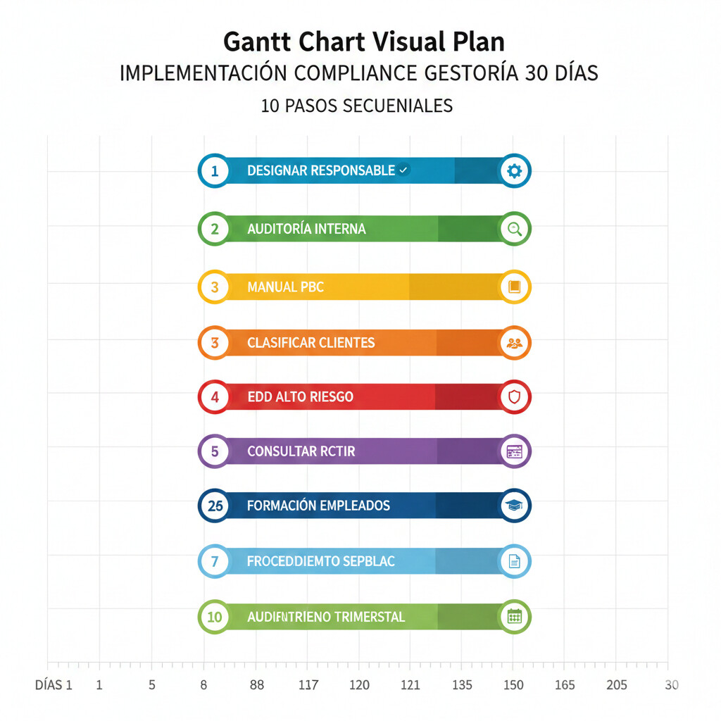 Checklist visual implementar compliance prevención blanqueo capitales gestoría 30 días: 10 pasos designar responsable SEPBLAC, auditoría interna situación actual, manual interno PBC, clasificar clientes riesgo, due diligence reforzada EDD, consultar RCTIR titularidades reales, formación empleados, sistema monitoreo operaciones sospechosas, procedimiento comunicación SEPBLAC F19-1, auditoría trimestral