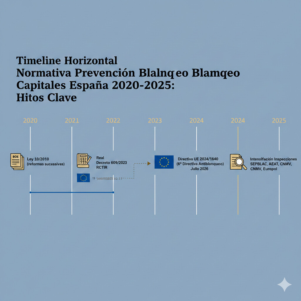 Timeline normativa prevención blanqueo capitales España 2020-2025: hitos clave Ley 10/2010 reformas, Real Decreto 609/2023 RCTIR Registro Titularidades Reales, Directiva UE 2024/1640 6ª Directiva Antiblanqueo, intensificación inspecciones SEPBLAC 2025, nuevas obligaciones gestorías sujetos obligados