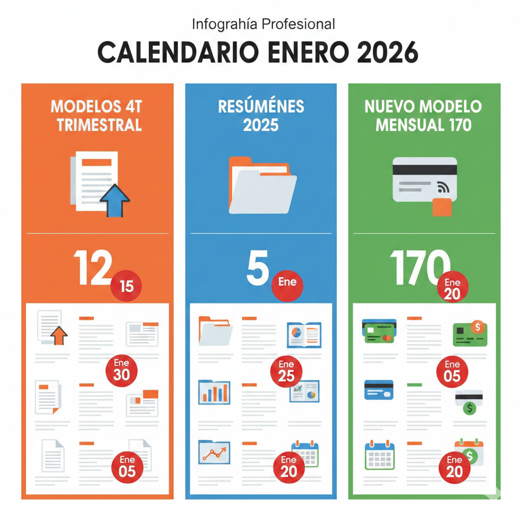 Infografía visual calendario enero 2026 mostrando 13 modelos fiscales distribuidos en tres categorías: 4T trimestral, resúmenes anuales 2025 y nuevos modelos mensuales, con iconos distintivos y fechas límite destacadas