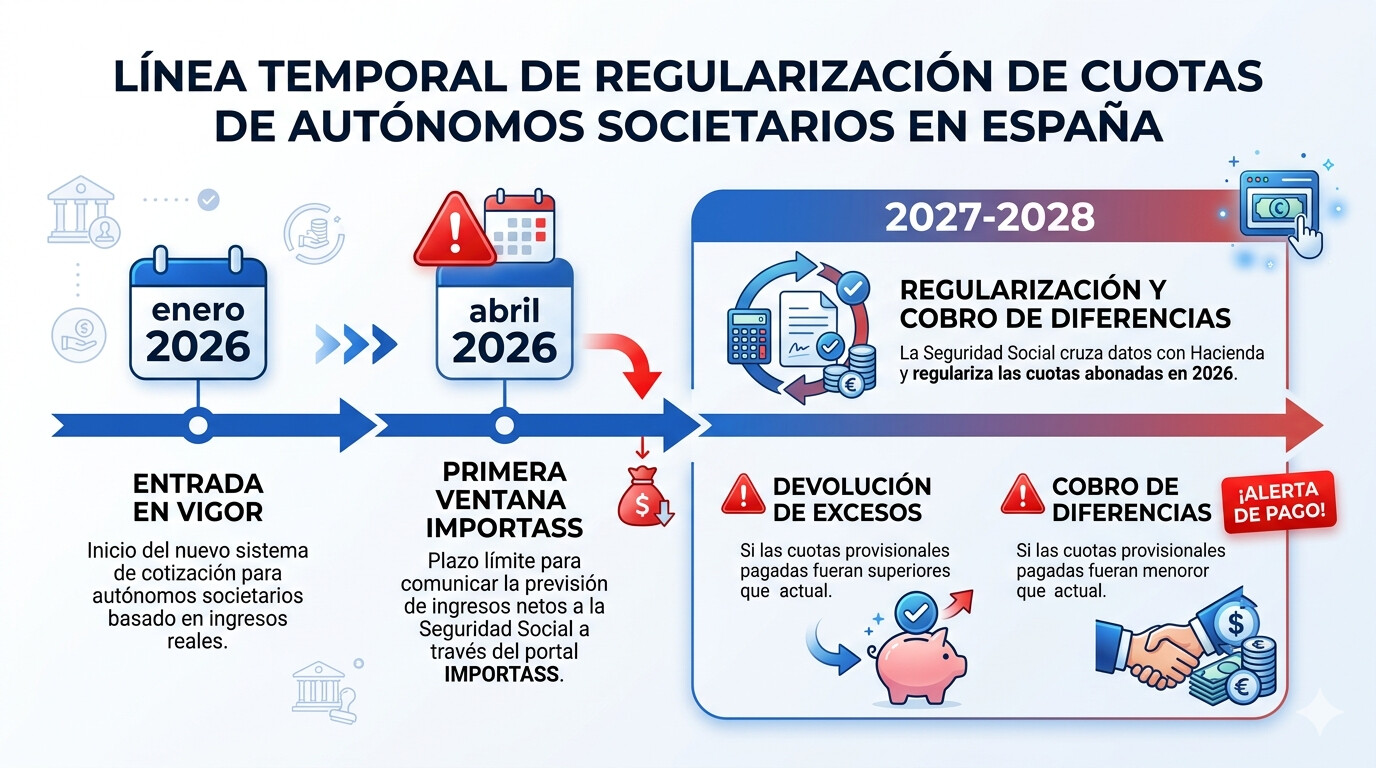 Diagrama del calendario de regularización TGSS para autónomos societarios 2026: cotización provisional enero-diciembre y liquidación definitiva 2027-2028