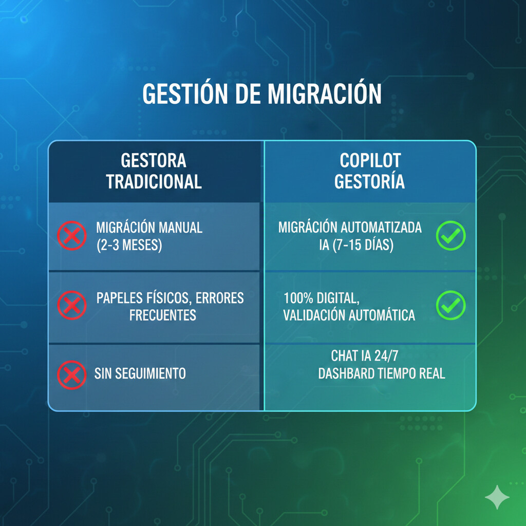 Comparativa visual del proceso de migración tradicional vs CopilotGestoria con IA, mostrando reducción de 3 semanas a 72 horas