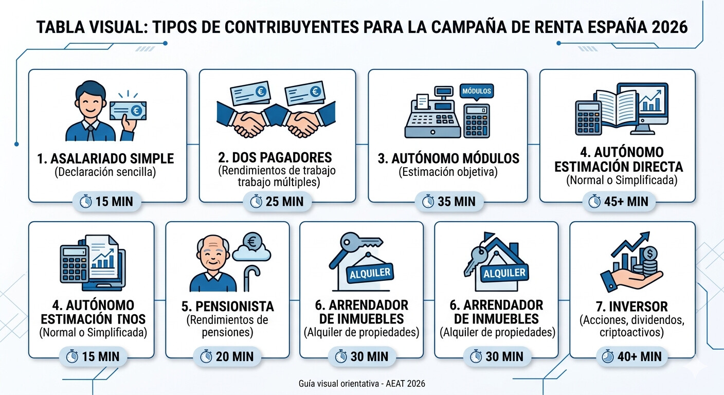 Checklist campaña Renta 2026 por tipo de cliente: asalariado, autónomo, pensionista, arrendador, inversor — documentos y casillas AEAT