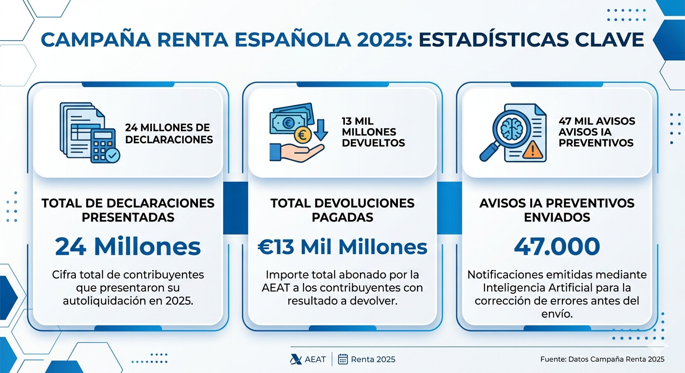 Infografía campaña Renta 2025: 24,72 millones de declaraciones, 13.094 millones devueltos, 47.000 avisos IA preventivos AEAT