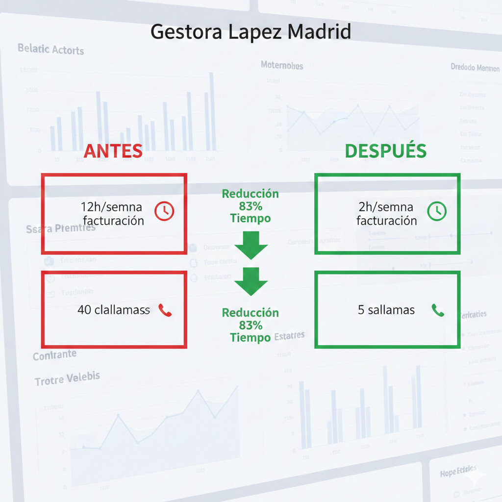 Gráfico comparativo métricas antes/después Gestoría López mostrando reducción 83% tiempo facturación y 87.5% reducción llamadas clientes