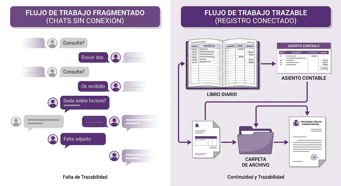 Comparación visual entre una conversación de chat de IA sin trazabilidad y un sistema de registro contable con libro diario, asientos y ficheros AEAT