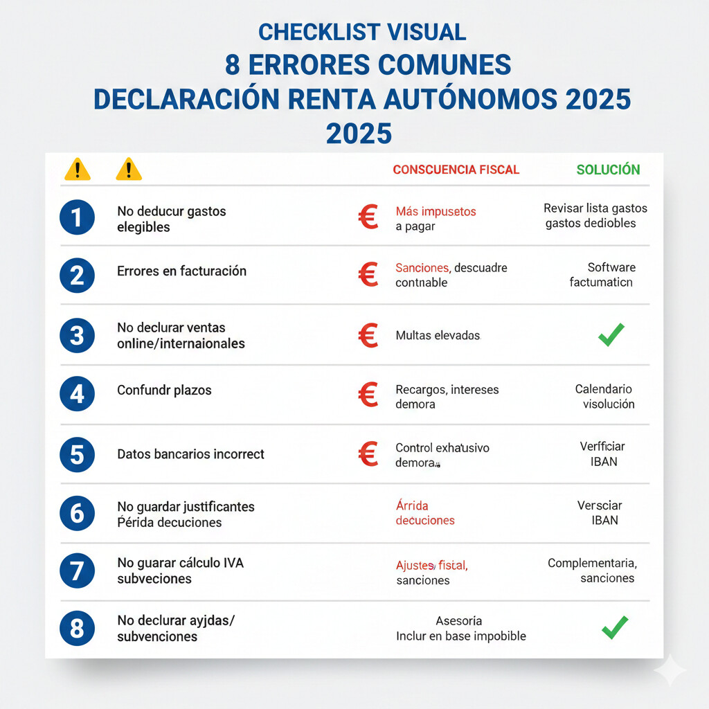 Checklist visual de 8 errores comunes declaración renta autónomos 2025 con iconos advertencia, sanciones específicas y soluciones paso a paso