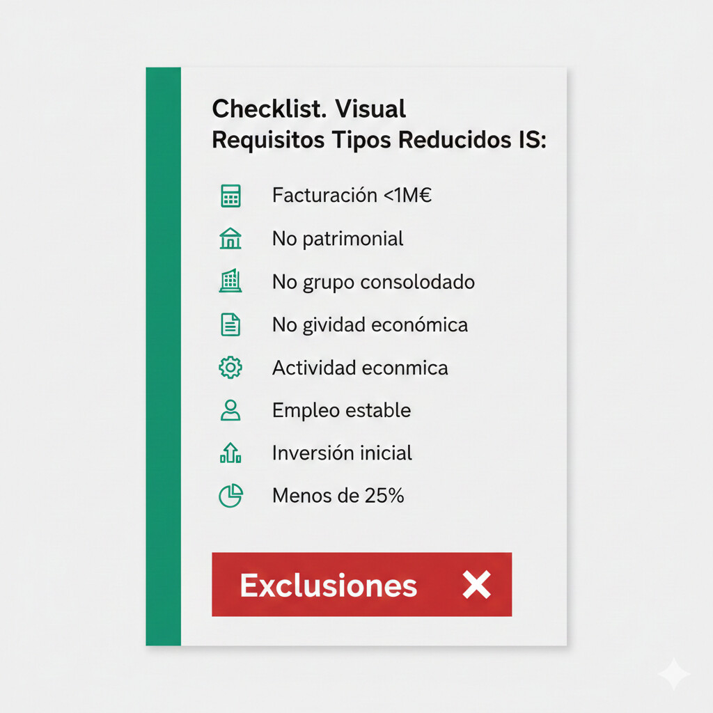 Checklist requisitos aplicar tipos reducidos 19% 21% 23% Impuesto Sociedades 2026: facturación, no patrimonial, ERD