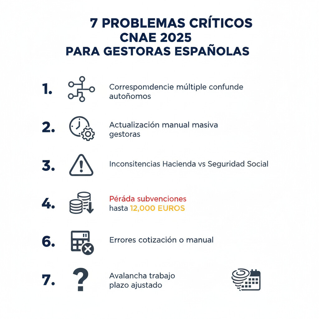 Infográfico 7 problemas críticos CNAE 2025: correspondencia múltiple confunde autónomos, actualización manual masiva gestorías, inconsistencias Hacienda vs Seguridad Social, pérdida subvenciones, errores cotización AT/EP, plazo ajustado avalancha trabajo