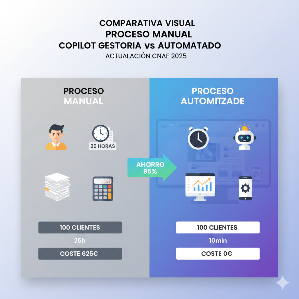 Comparativa visual proceso manual vs automatizado CopilotGestoria: proceso manual 25 horas, automatizado 10 minutos, ahorro 95%, interfaz dashboard mostrando actualización masiva CNAE clientes