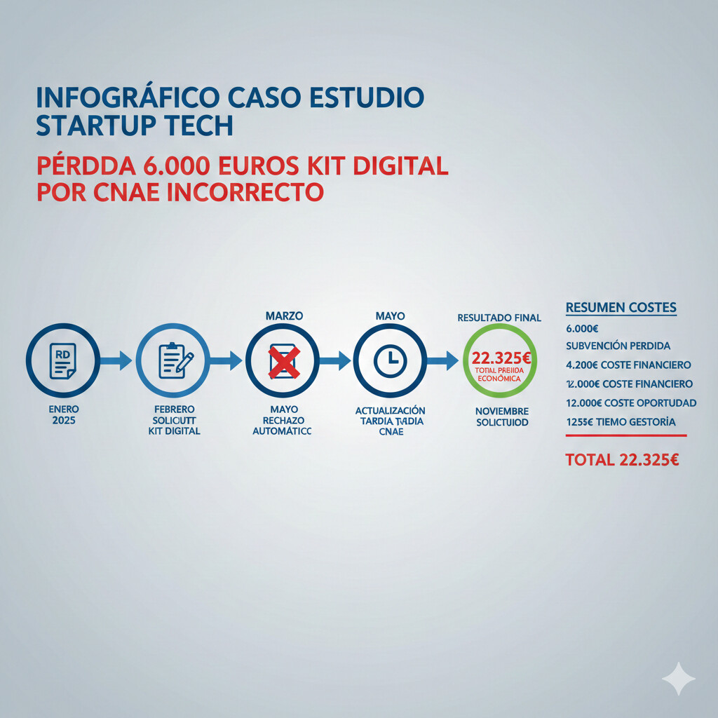 Infográfico caso real startup tech pérdida 6,000 euros Kit Digital: timeline error CNAE incorrecto, solicitud rechazada, consecuencias económicas, diagrama flujo problema-causa-efecto