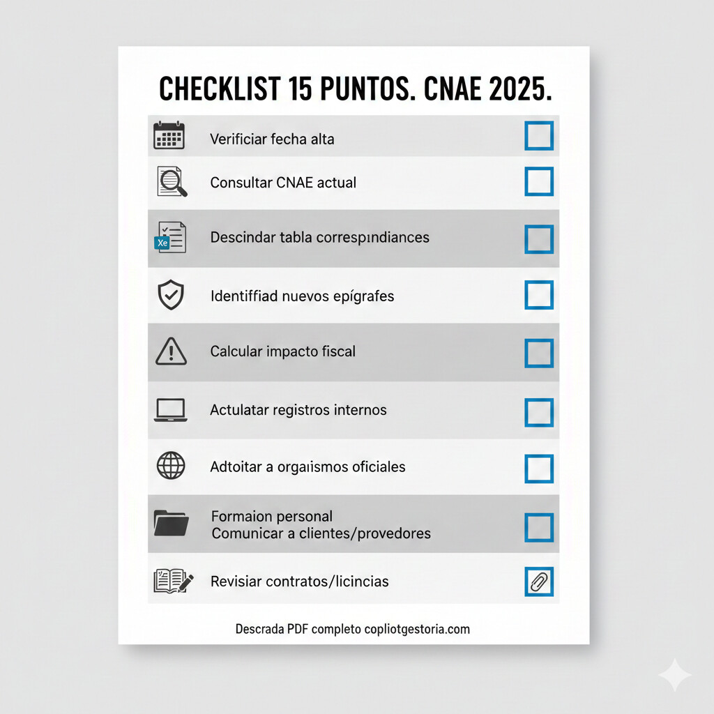 Checklist visual 15 puntos verificación pre-actualización CNAE 2025: verificar fecha alta, consultar CNAE actual, descargar tabla correspondencias, identificar tipo correspondencia, leer descripciones completas, validar coherencia Hacienda-SS, calcular impacto cotización, más pasos