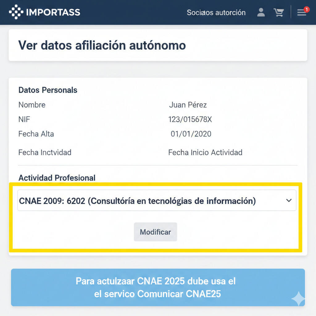 Screenshot paso 4 IMPORTASS: pantalla datos afiliación autónomo, sección actividad profesional mostrando CNAE 2009 actual ejemplo 6202 consultoría informática, campo destacado con borde amarillo