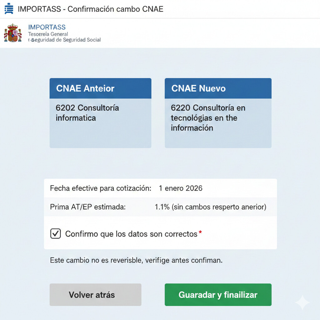 Screenshot paso 6 IMPORTASS: pantalla confirmación cambio CNAE mostrando tabla comparativa CNAE anterior vs nuevo, fecha efectiva, prima AT/EP estimada, checkbox confirmar datos correctos, botón guardar finalizar destacado verde