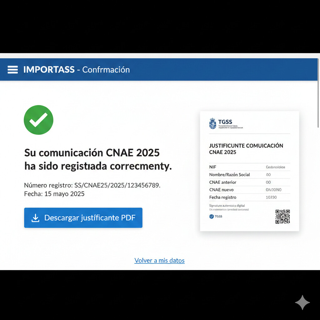 Screenshot paso 7 IMPORTASS: pantalla confirmación exitosa mostrando mensaje registro correcto, botón descargar justificante PDF destacado, vista previa documento PDF con logos Seguridad Social, fecha operación, CNAE anterior y nuevo
