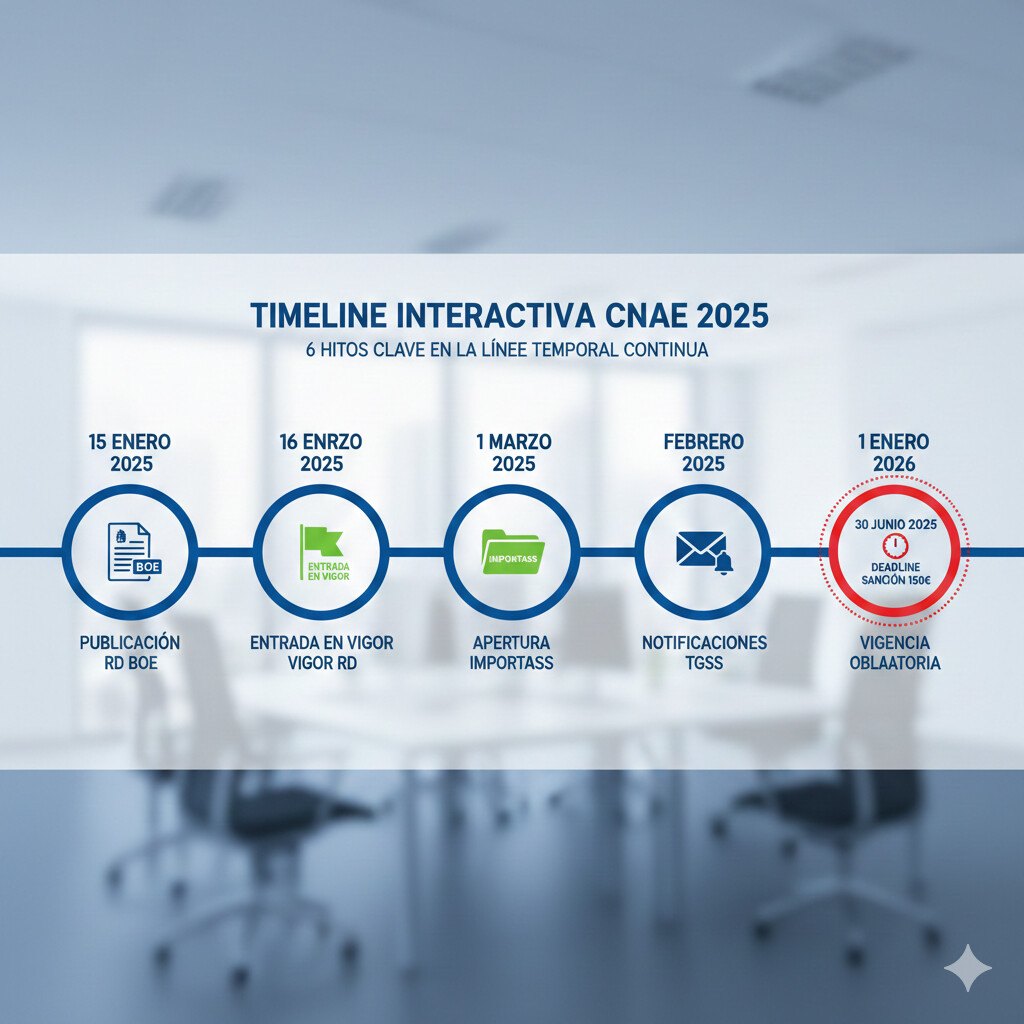 Timeline horizontal CNAE 2025 con 6 hitos clave: 15 enero publicación Real Decreto, 16 enero entrada vigor, 1 marzo apertura IMPORTASS, febrero notificaciones TGSS, 30 junio deadline, 1 enero 2026 vigencia operativa cotización obligatoria