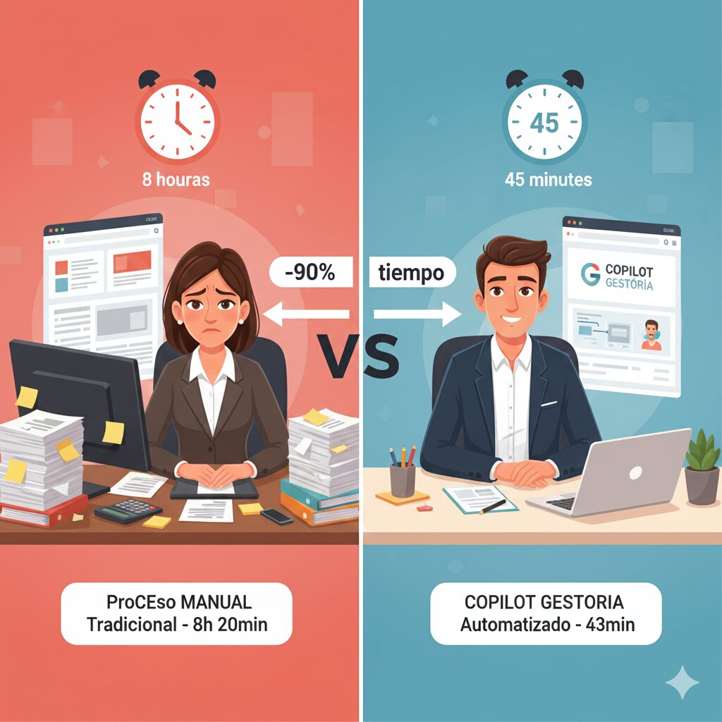Comparativa visual: gestor estresado con papeles vs gestor tranquilo con dashboard automatizado