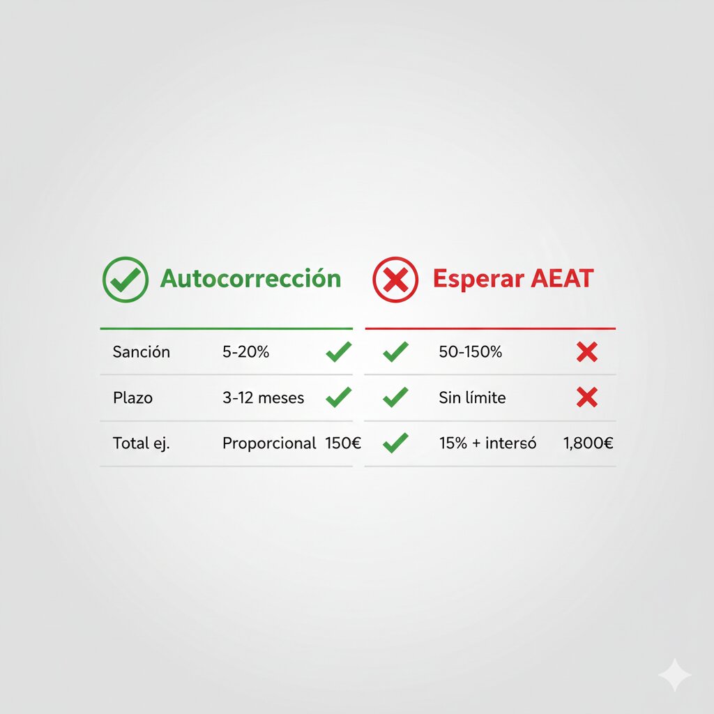 Tabla comparativa visual costes autocorrección voluntaria vs esperar requerimiento AEAT modelo 303: escenarios 2 meses retraso, declaración negativa, error omisión 5000 euros, mostrando recargos, multas, sanciones, reducción pronto pago, conclusión ahorro 90 por ciento con autocorrección