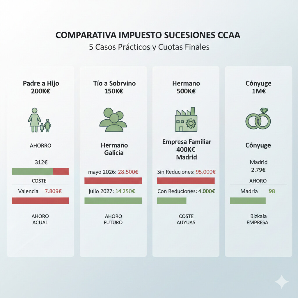 Infografía comparando los 5 casos prácticos de herencias con cifras finales del Impuesto de Sucesiones en diferentes comunidades autónomas, mostrando visualmente los ahorros