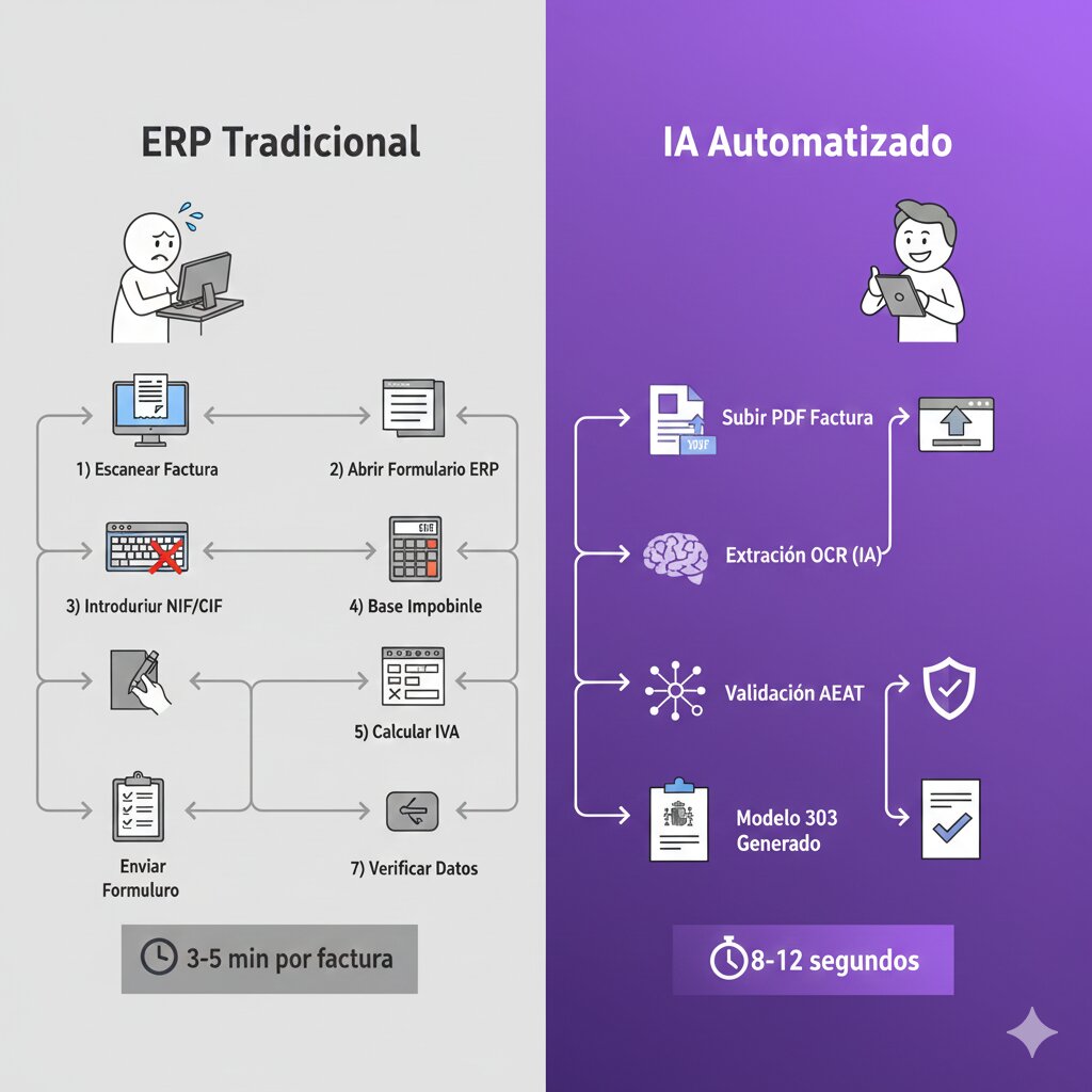 Diagrama comparativo del flujo de trabajo: entrada manual en ERP tradicional versus procesamiento automático con IA