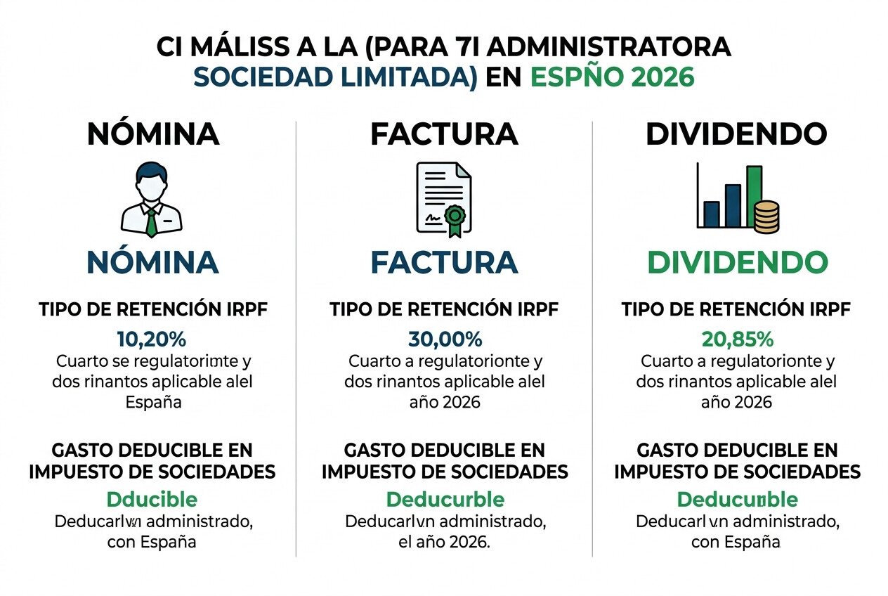 Infografía comparativa de las tres vías de retribución del administrador de una SL en 2026: nómina, factura y dividendo con sus implicaciones fiscales