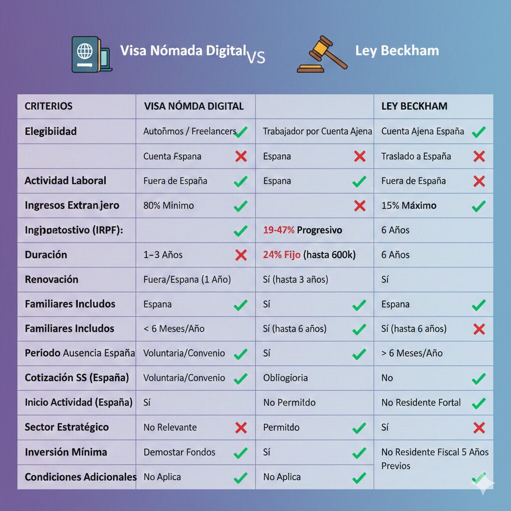 Diagrama de Venn compatibilidad visa nómada digital y ley beckham españa: restricción crítica autónomos excluidos 90%, solo empleados cuenta ajena compatible, requisitos ingresos contradictorios 80% vs 15%