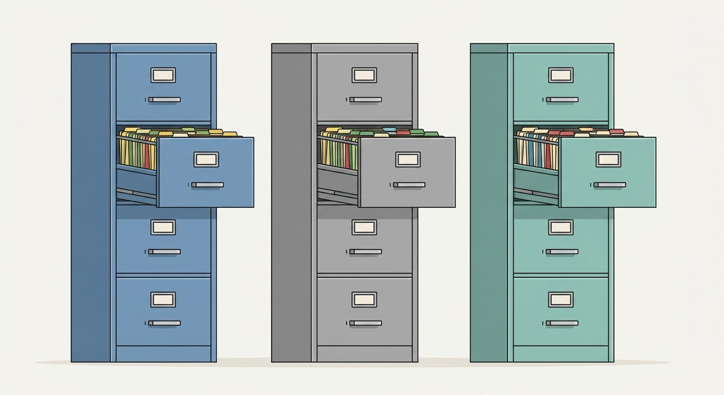 Tres archivadores diferenciados que representan la documentación del cliente, el expediente del despacho y los datos personales