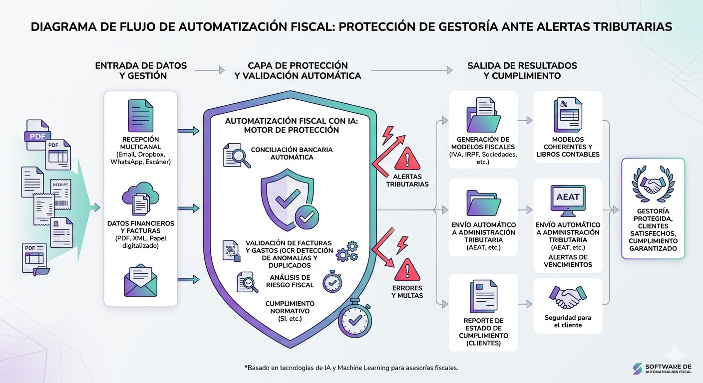 Diagrama que muestra cómo CopilotGestoria automatiza la revisión de coherencia entre modelos fiscales, conciliación bancaria y validación VERIFACTU para reducir el riesgo ante el sistema HERMES de la AEAT