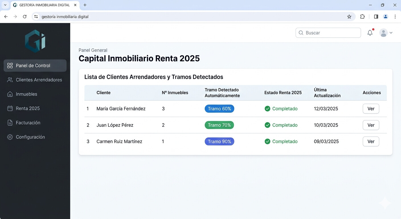 Módulo IRPF de CopilotGestoria mostrando la determinación automática del tramo de reducción para clientes arrendadores en la Renta 2025