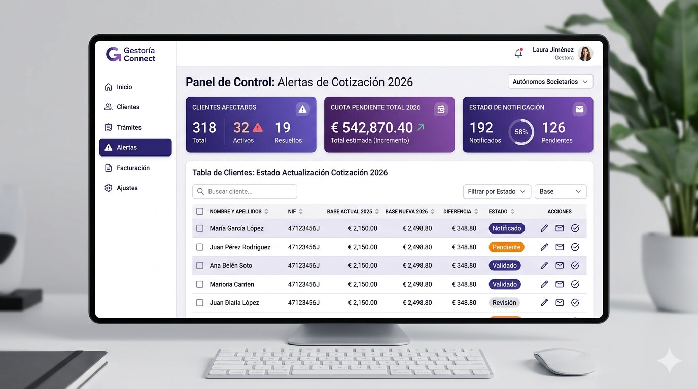 Panel de CopilotGestoria mostrando el seguimiento de bases de cotización de autónomos societarios y alertas de actualización IMPORTASS