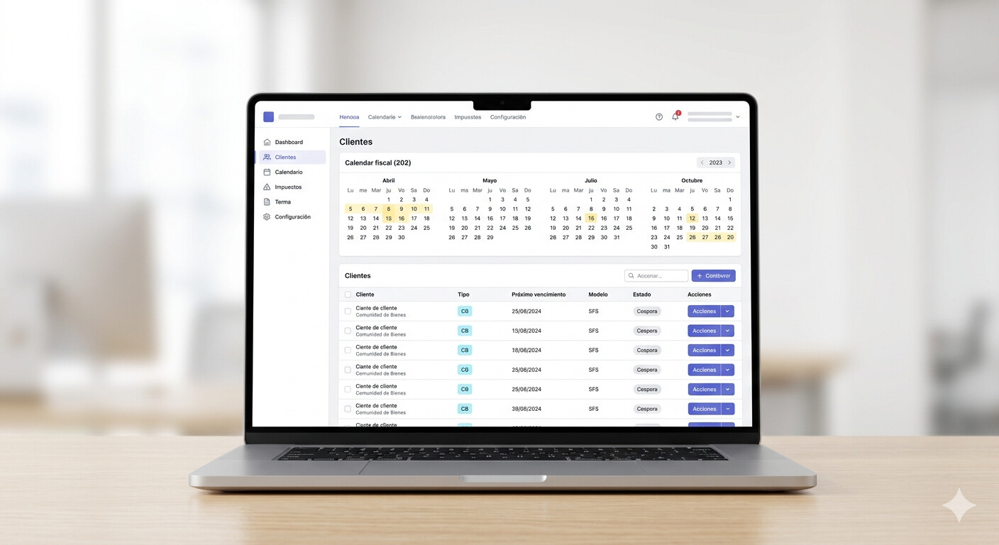 Panel de control CopilotGestoria con vencimientos fiscales de comunidades de bienes - calendario automático y alertas