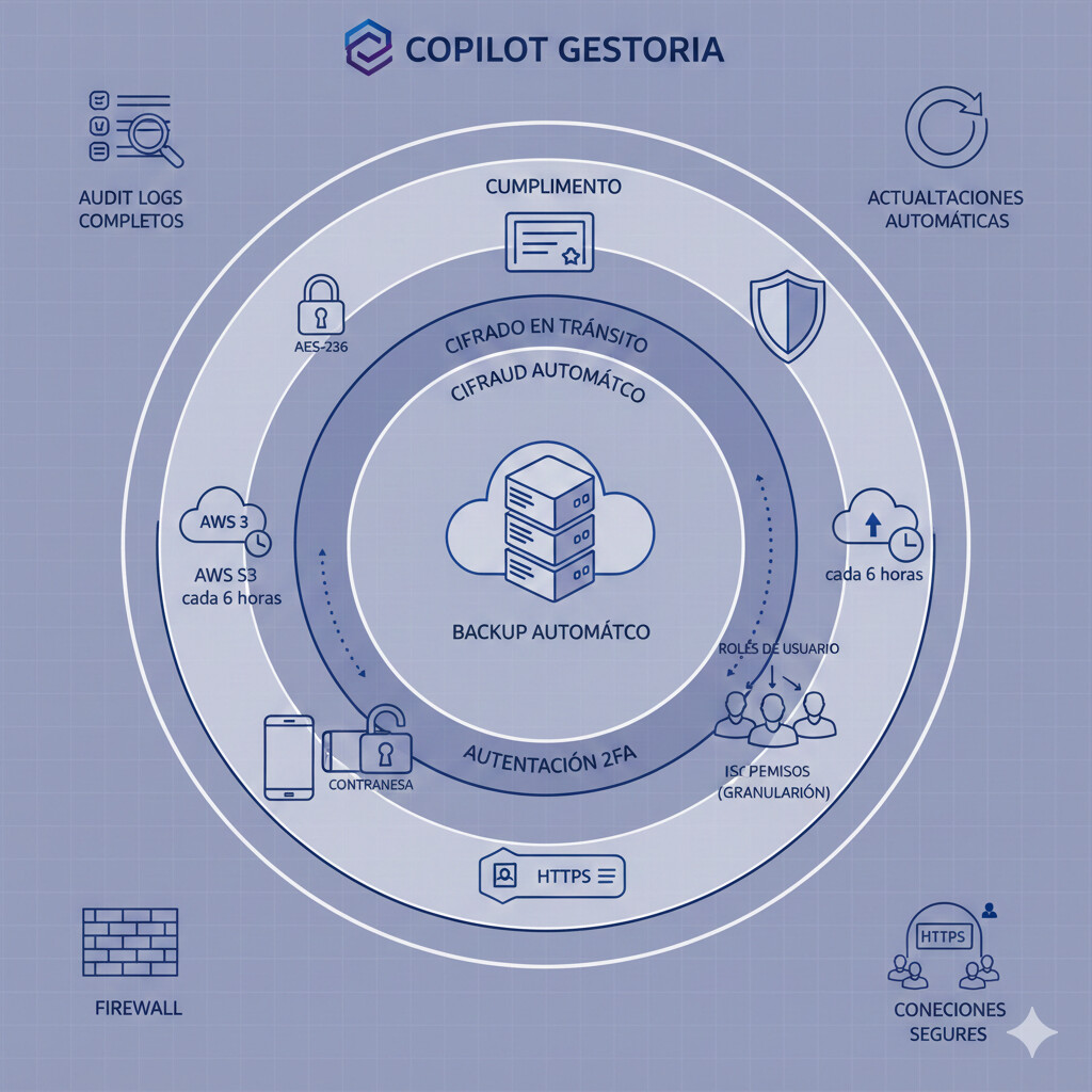Diagrama de arquitectura de seguridad de CopilotGestoria mostrando capas de protección: cifrado cifrado de nivel bancario en reposo y TLS 1.3 en tránsito, backup automático AWS S3 cada 6 horas, autenticación 2FA nativa, roles granulares, audit logs completos, cumplimiento RGPD y ENS, con iconos de certificación y badges de seguridad