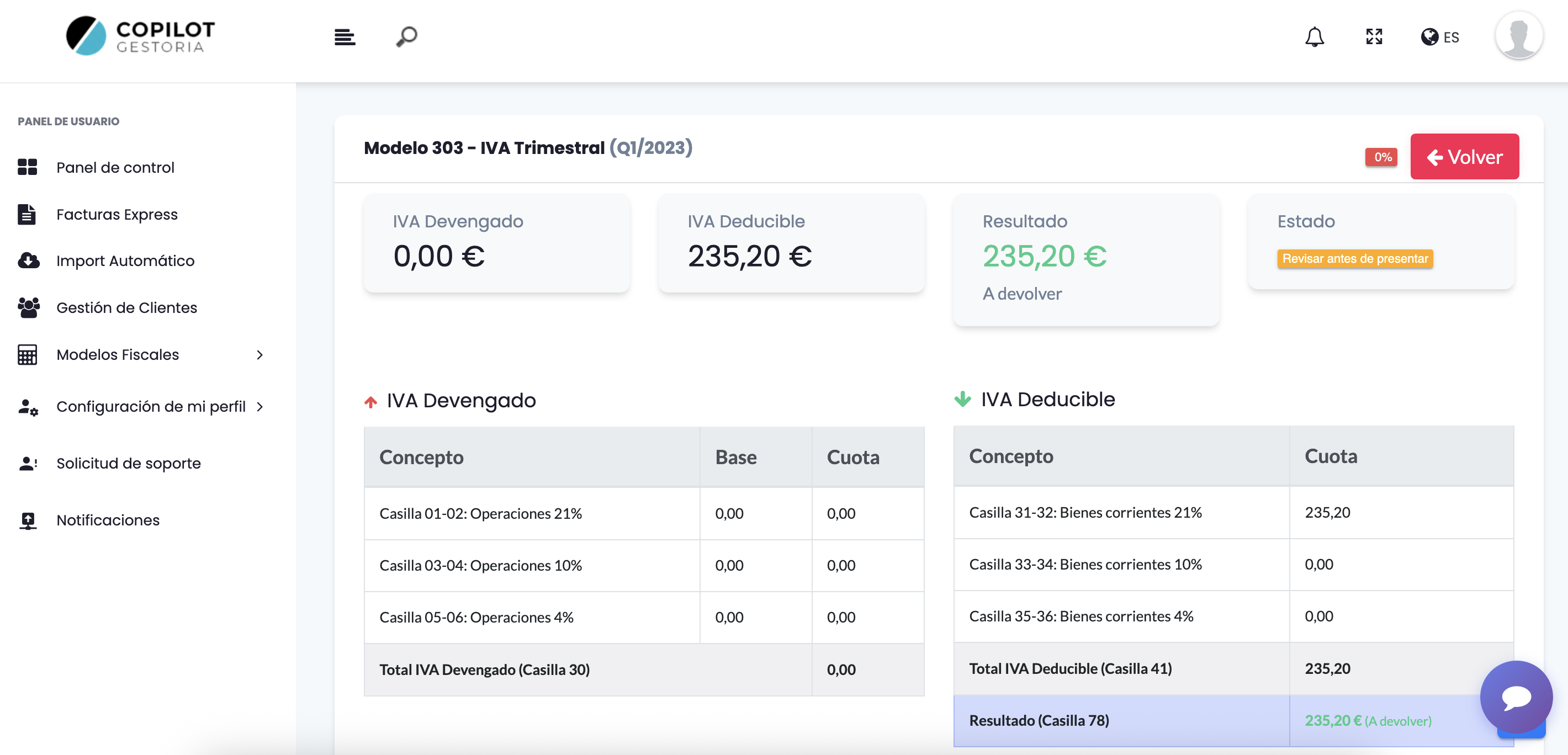 Panel del módulo fiscal con el Modelo 303 calculado en CopilotGestoria