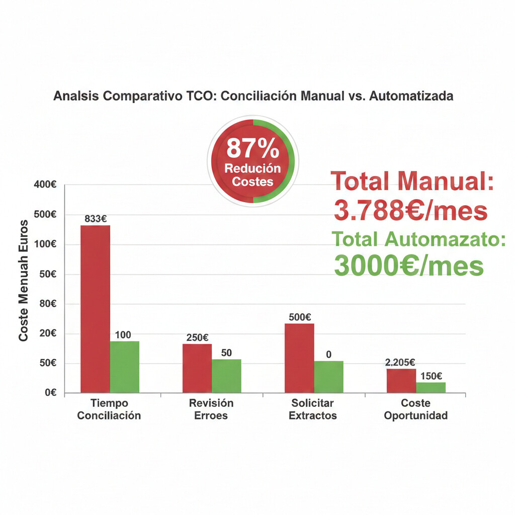 Gráfico comparativo TCO 3 años: Conciliación manual €242,400 vs Automatizada PSD2+automatización €24,420 - Ahorro €217,980 (90% reducción)