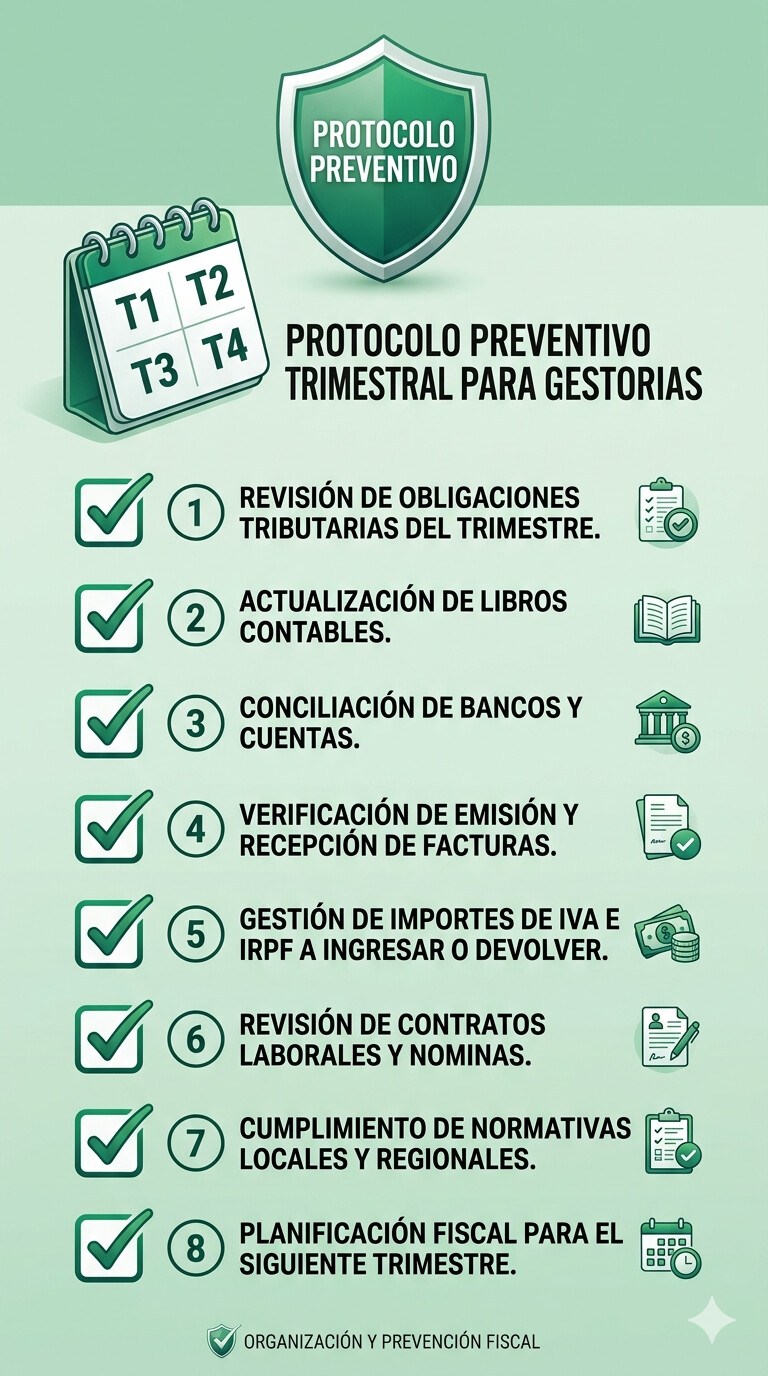 Calendario visual del protocolo preventivo trimestral para gestorías: enero (revisión tramos cotización y casillas RETA), abril (conciliación Bizum/TPV antes de Renta), julio (revisión módulos y CNAE), octubre (actualización bases cotización y pluriactividad). Protocolo CopilotGestoria.