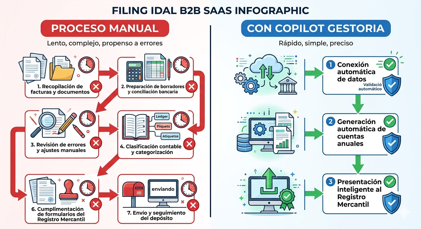 Comparativa visual: flujo manual de depósito de cuentas anuales con 12 puntos de fallo vs flujo automatizado con CopilotGestoria con validación en cada paso