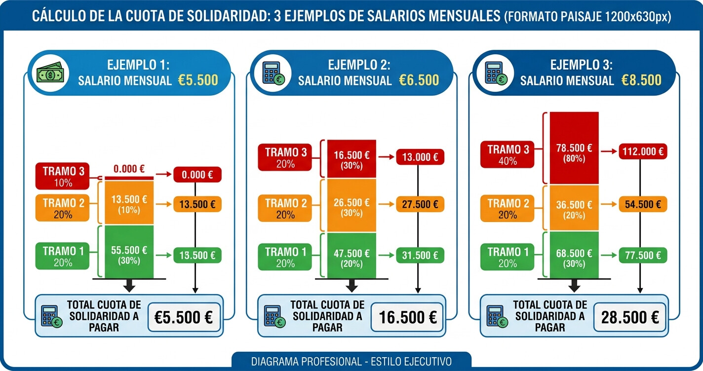 Tabla comparativa de cálculo de la cuota de solidaridad 2026 para salarios de 5.500, 6.500 y 8.500 euros mensuales con distribución empresa y trabajador