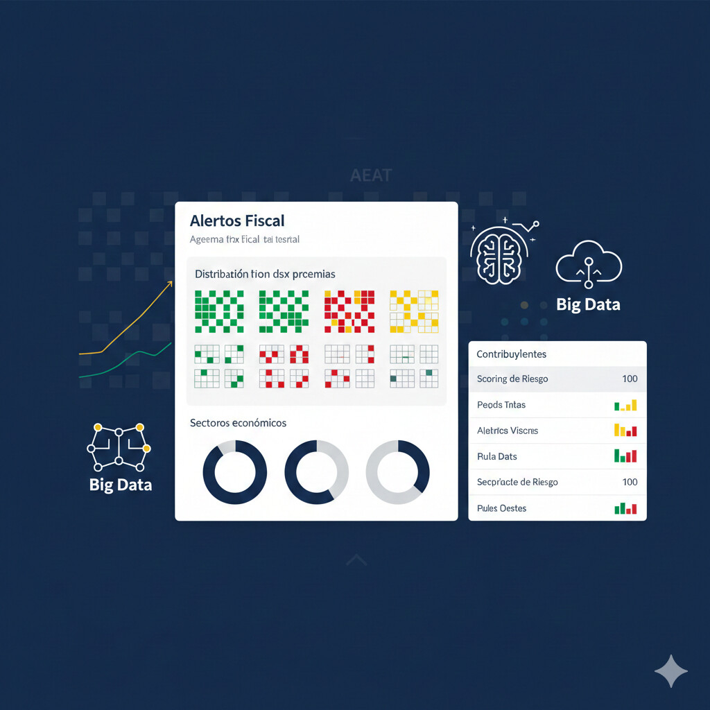 Dashboard de la Agencia Tributaria mostrando sistema de alertas automatizadas con algoritmos de selección para inspecciones fiscales, destacando métricas de riesgo y patrones anómalos detectados por inteligencia artificial