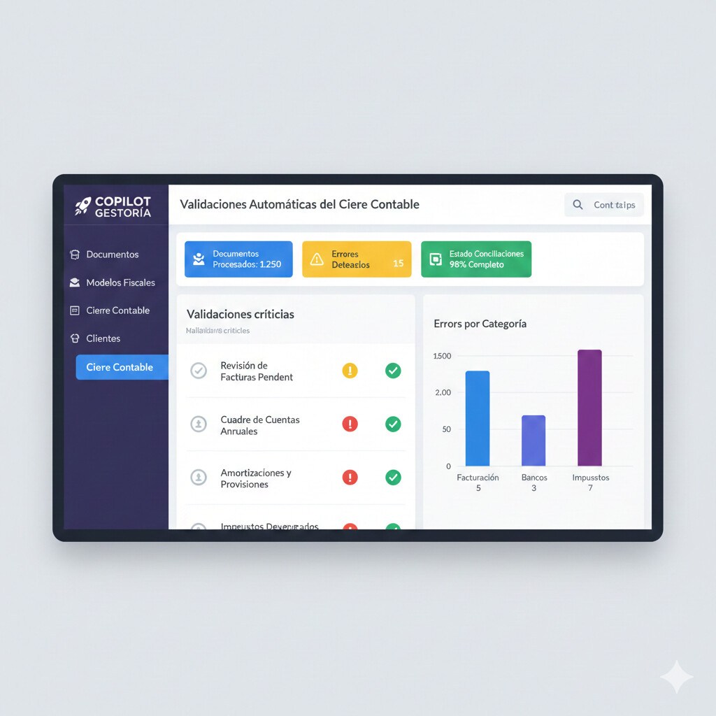 Screenshot del dashboard de CopilotGestoria mostrando las validaciones automáticas del cierre contable con alertas de errores críticos, estado de conciliaciones bancarias y métricas en tiempo real