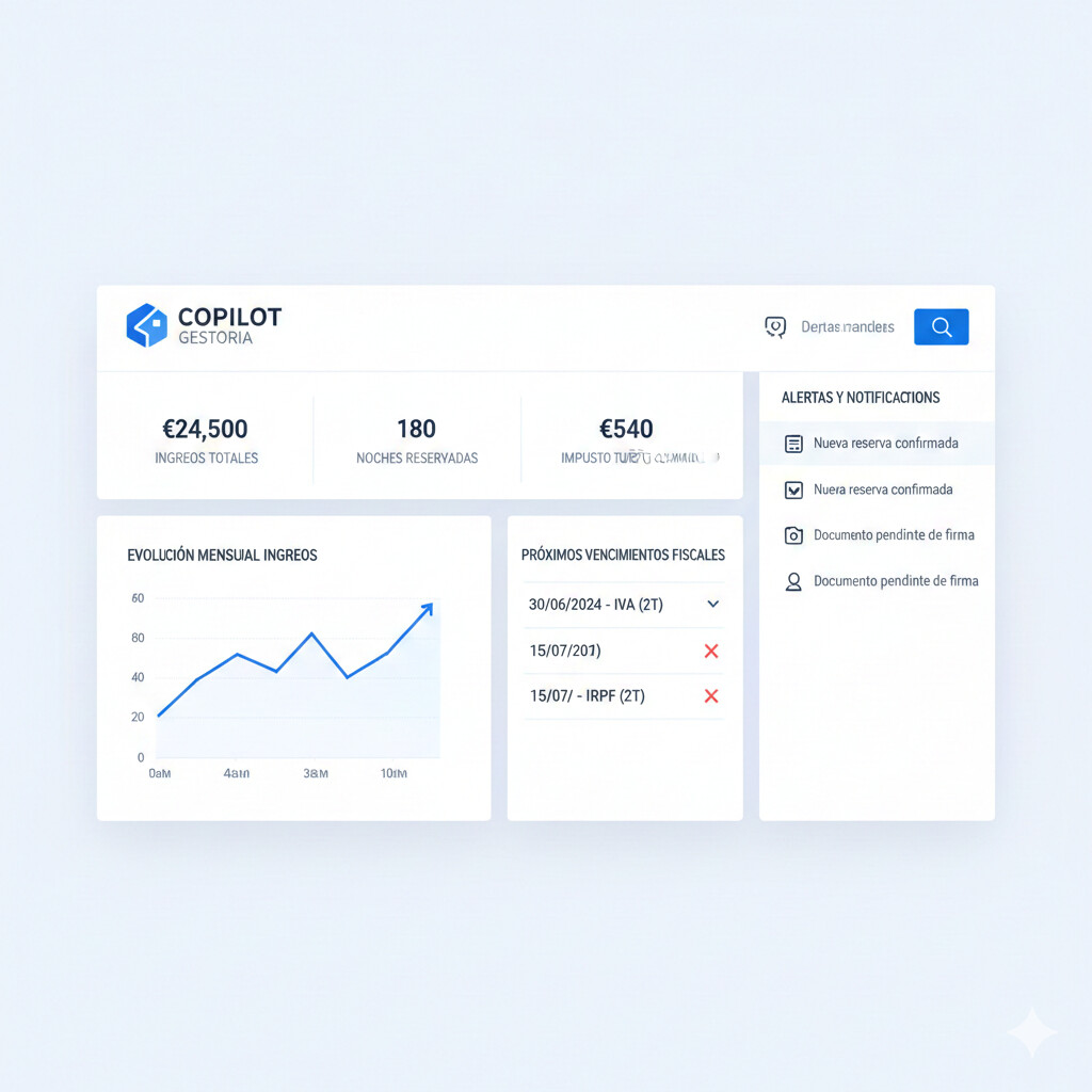 Screenshot interfaz dashboard moderna CopilotGestoria panel viviendas turísticas mostrando 4 cards métricas ingresos gastos rendimiento neto IRPF, gráfico Chart.js evolución ingresos mensuales Airbnb, tabla facturas gastos deducibles