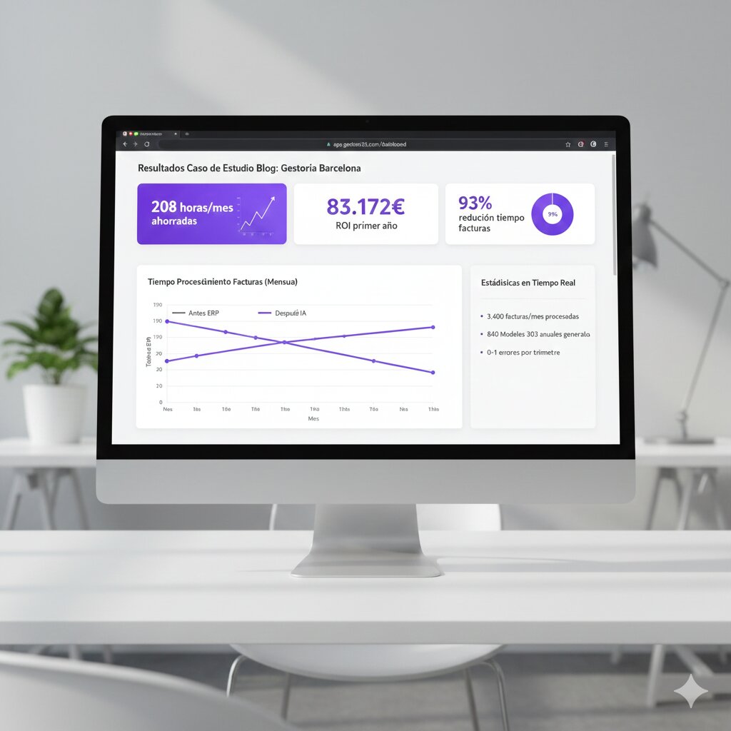 Dashboard con métricas de ROI mostrando ahorro de tiempo y costes en gestoría tras implementar IA