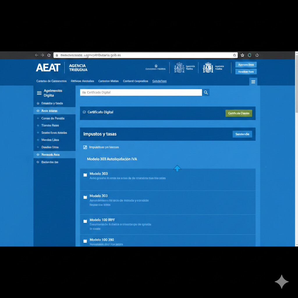 Screenshot de la Sede Electrónica AEAT mostrando el acceso al modelo 303 autoliquidación IVA trimestral con menú de selección de ejercicio y periodo