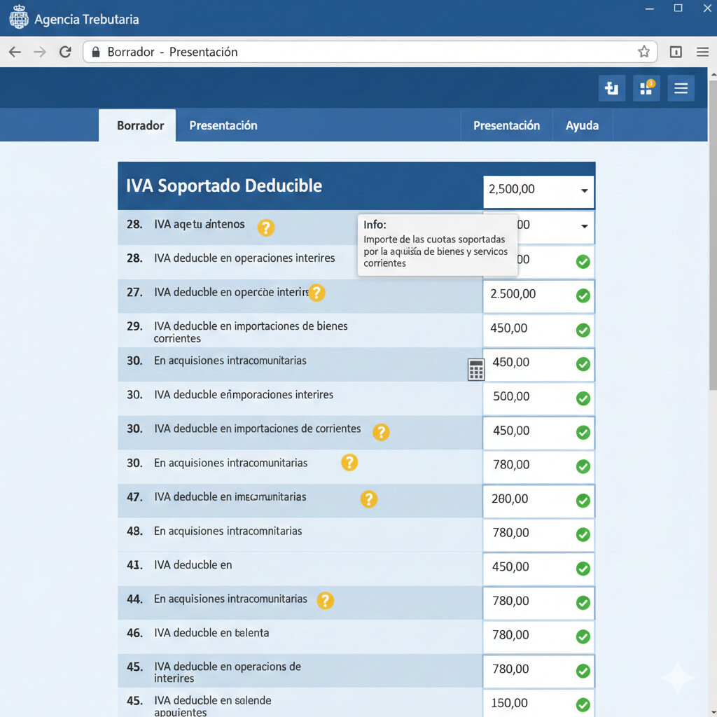 Screenshot del modelo 303 AEAT mostrando las casillas 28, 29, 30, 31 de IVA soportado deducible con ejemplos de importes según tipos de gasto
